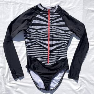 Speedo Long Sleeve One Piece Swimsuit Womens Medium Pink Zip Black Zebra Print